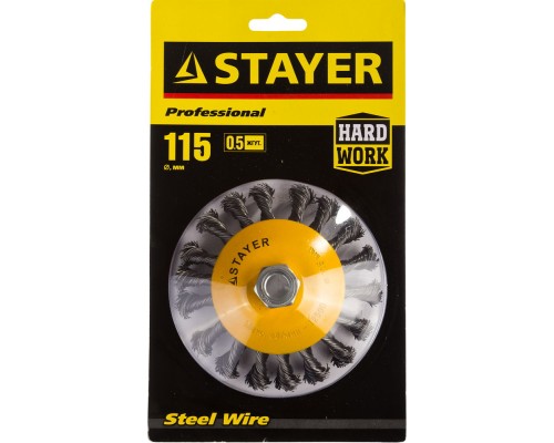 Коническая щетка-крацовка для УШМ 115 мм, жгутированная стальная проволока 0.5 мм STAYER 35135-115