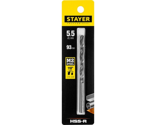 Сверло по металлу HSS-R, 5.5x93 мм, быстрорежущая сталь P6M5 STAYER 29602-5.5