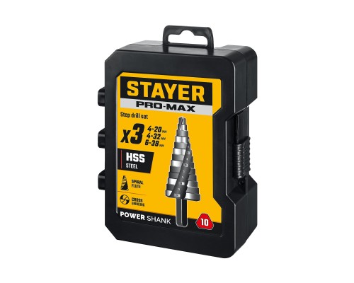 Набор сверл ступенчатых Pro-Max 3 шт, 4-38мм, винтовая спираль STAYER 29661-4-38-H3