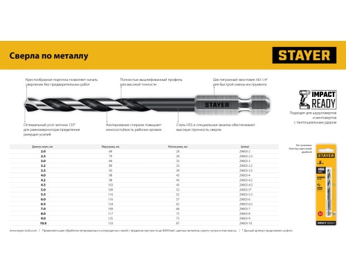 Сверло по металлу для винтовертов и шуруповертов IMPACT READY НЕХ-1/4", d 4.2x98 мм STAYER 29603-4.2