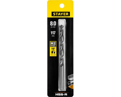 Сверло по металлу HSS-R, 8.0x117 мм, быстрорежущая сталь P6M5 STAYER 29602-8