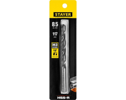 Сверло по металлу HSS-R, 8.5x117 мм, быстрорежущая сталь P6M5 STAYER 29602-8.5