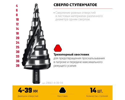 Сверло ступенчатое Pro-Max 4-39мм, 14 ступеней, винтовая спираль STAYER 29661-4-39-14
