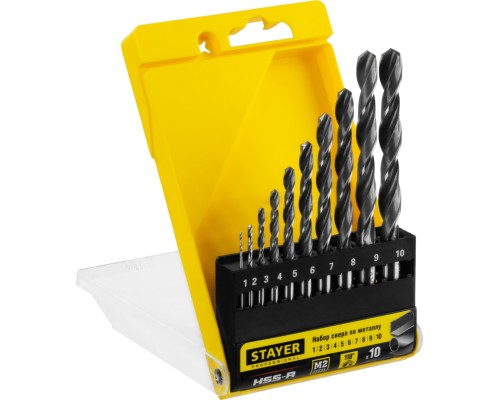 Набор сверл по металлу HSS-R, 10 шт, (1-10 мм), быстрорежущая сталь P6M5, класс В STAYER 29602-H10_z01