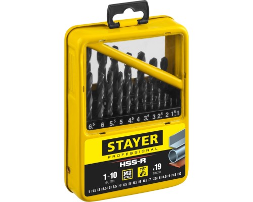 Набор сверл по металлу HSS-R, 19 шт, (1-10 мм), быстрорежущая сталь P6M5, класс В, мет.бокс STAYER 29602-H19-M_z01