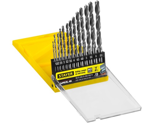 Набор сверл по металлу HSS-R, 13 шт, (1.5-6.5 мм), быстрорежущая сталь P6M5, класс В STAYER 29602-H13_z01