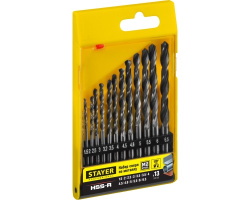 Набор сверл по металлу HSS-R, 13 шт, (1.5-6.5 мм), быстрорежущая сталь P6M5, класс В STAYER 29602-H13_z01