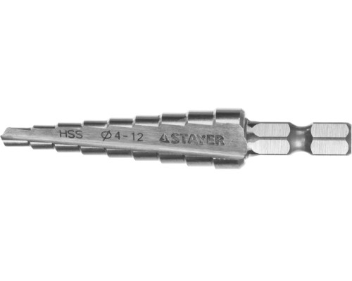 Ступенчатое сверло 4-12 мм, 9 ступеней, сталь HSS STAYER 29660-4-12-9