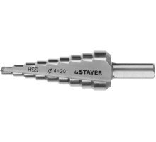 Ступенчатое сверло 4-20 мм, 9 ступеней, сталь HSS STAYER 29660-4-20-9