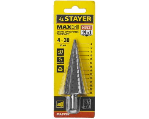 Ступенчатое сверло 4-30 мм, 14 ступеней, сталь HSS STAYER 29660-4-30-14