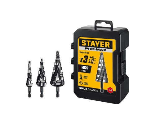 Набор сверл ступенчатых Pro-Max 3 шт, 4-30мм, винтовая спираль STAYER 29661-4-30-H3