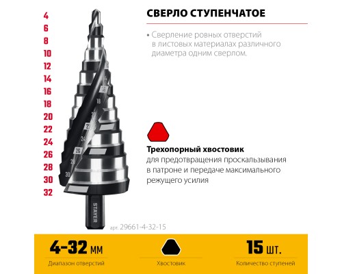 Сверло ступенчатое Pro-Max 4-32мм, 15 ступеней, винтовая спираль STAYER 29661-4-32-15