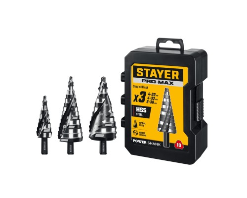 Набор сверл ступенчатых Pro-Max 3 шт, 4-38мм, винтовая спираль STAYER 29661-4-38-H3