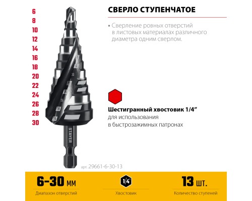 Сверло ступенчатое Pro-Max 6-30мм, 13 ступеней, винтовая спираль STAYER 29661-6-30-13