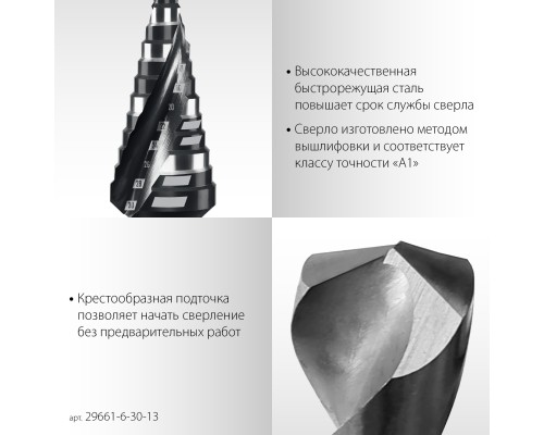 Сверло ступенчатое Pro-Max 6-30мм, 13 ступеней, винтовая спираль STAYER 29661-6-30-13