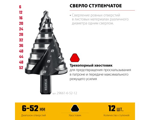 Сверло ступенчатое Pro-Max 6-52мм, 12 ступеней, винтовая спираль STAYER 29661-6-52-12