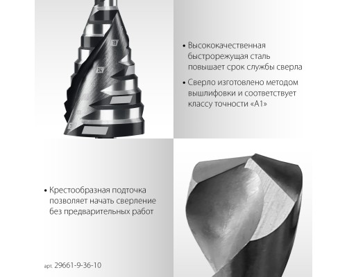 Сверло ступенчатое Pro-Max 9-36мм, 10 ступеней, винтовая спираль STAYER 29661-9-36-10
