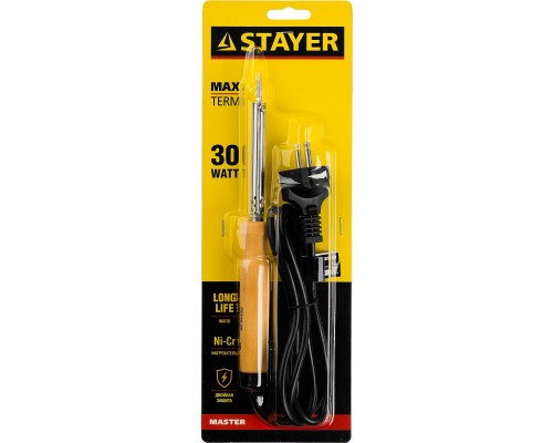 Электропаяльник с деревянной рукояткой MAXTerm, 30 Вт конус STAYER 55310-30