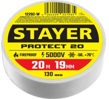 Изолента ПВХ PROTECT-20, 19 ммx20 м, 5 000 В, белая STAYER 12292-W