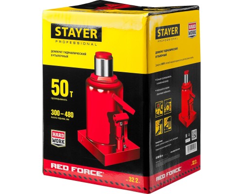 Бутылочный гидравлический домкрат RED FORCE, 50 т, 300-480 мм STAYER 43160-50_z01