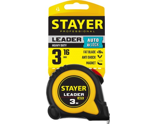 Рулетка с автостопом Leader, 3 мx16 мм STAYER 3402-3_z02