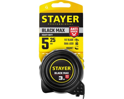 Рулетка с двумя фиксаторами BlackMax, 5 мx25 мм STAYER 3410-05-25_z02