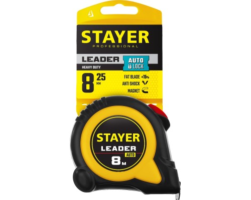 Рулетка с автостопом Leader, 8 мx25 мм STAYER 3402-08-25_z01