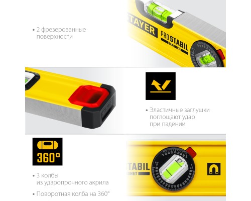 Магнитный уровень с поворотным глазком PRO STABIL, 400 мм, усиленный профиль STAYER 3480-040