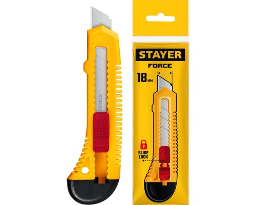 Нож упрочненный из АБС пластика со сдвижным фиксатором FORCE, 18 мм STAYER 0911_z01