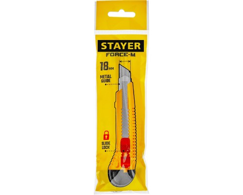 Нож упрочненный с метал. направляющей и сдвижным фиксатором FORCE-M, 18 мм STAYER 0913_z01