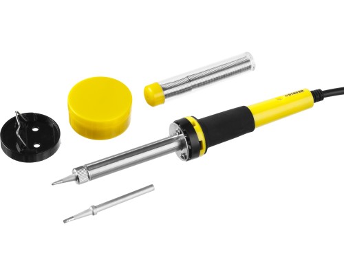 Набор для паяльных работ PROTerm, 40 Вт, с 2к рукояткой, конус, подставка + припой + сменное жало + канифоль STAYER 55312-40-H5