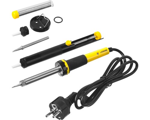 Набор для паяльных работ PROTerm, 60Вт, 2к рукоятка, конус, подставка+припой+сменн жало+оловоотсос+сменн насадка STAYER 55313-60-H6