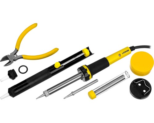 Паяльный набор PROTerm, 60Вт, 2к рукоят, конус, подставка+припой+сменн жало+оловоотсос+сменн насадка+канифоль+кусачки STAYER 55314-60-H8