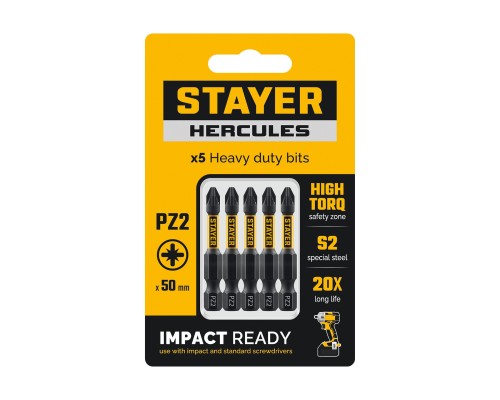 Торсионные биты Hercules PZ2, 50 мм, 5 шт STAYER 26233-2-50-5